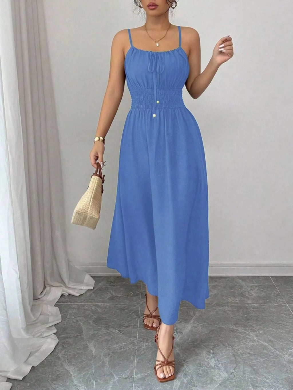 Smocked Spaghetti Strap Midi Dress (6)