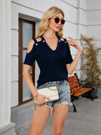 Textured V-neck Cold Shoulder Top (25)