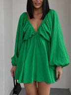 Deep V-neck Balloon Sleeve Dress (12)