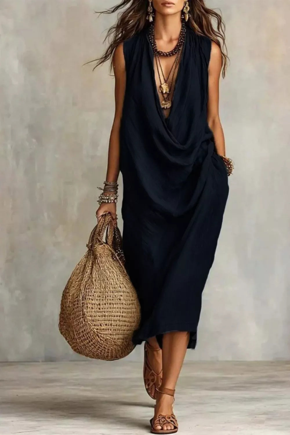 Sleeveless Drape Neck Midi Dress (10)