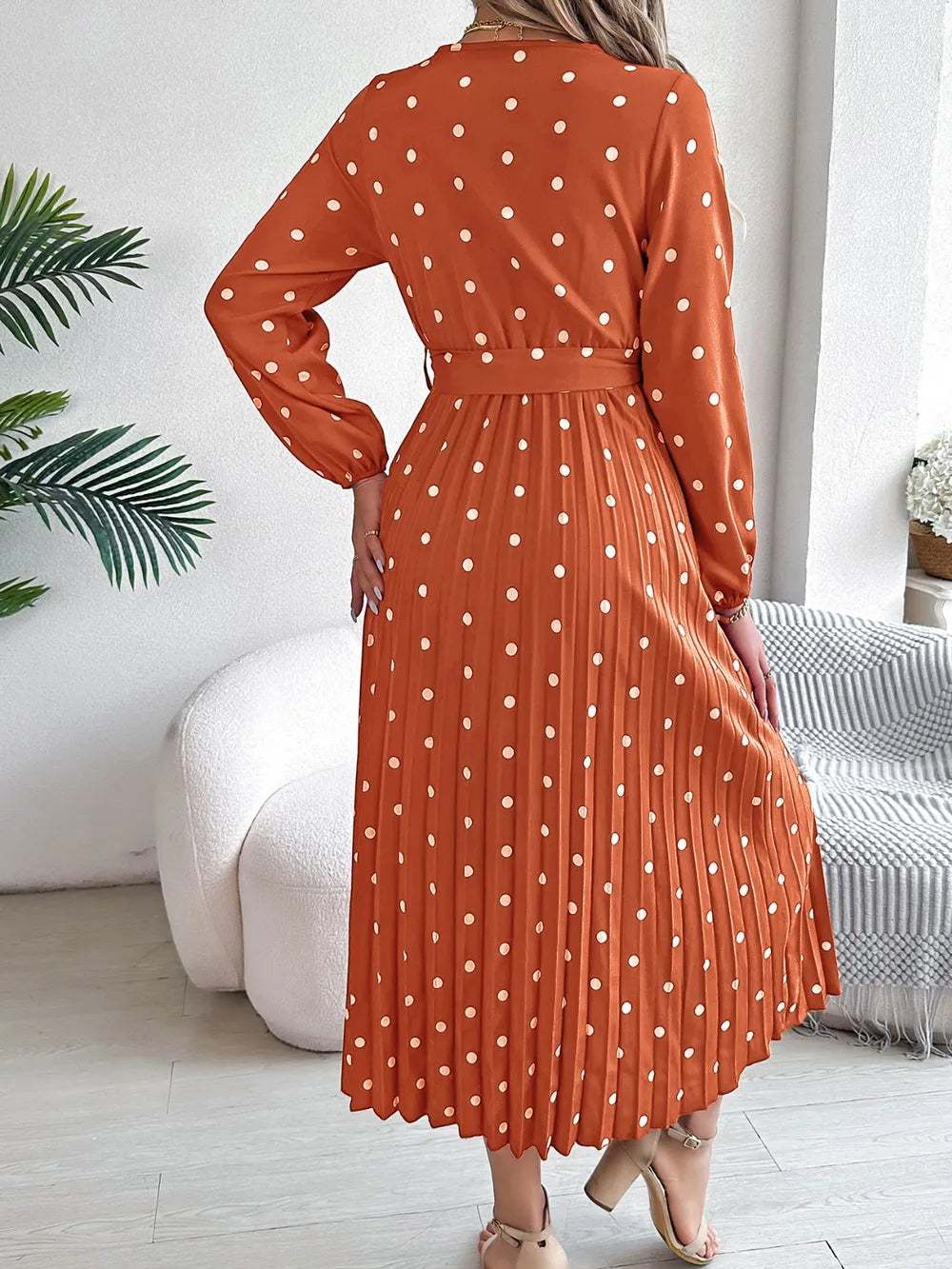 Tied Polka Dot Long Sleeve Midi Dress (10)
