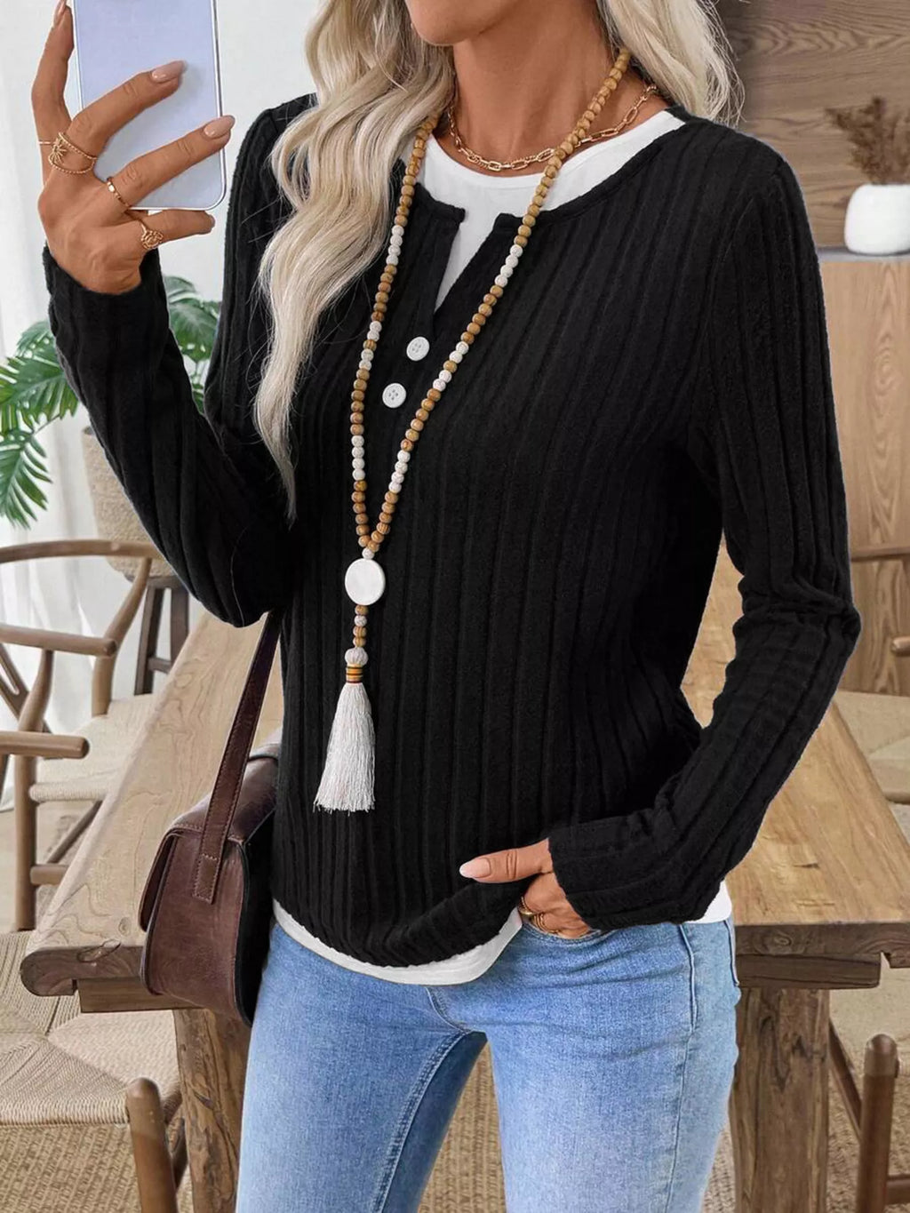 Ribbed Knit Button Detail Contrast Sweater (18)