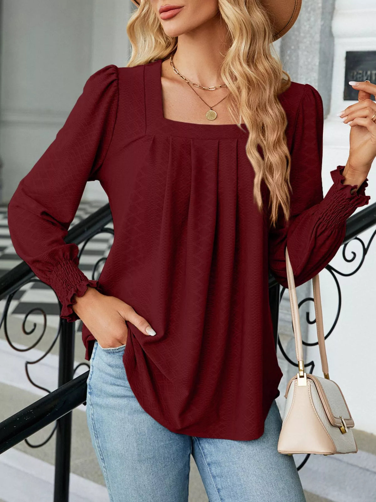 Pleated Square Neck Long Sleeve Top (9)