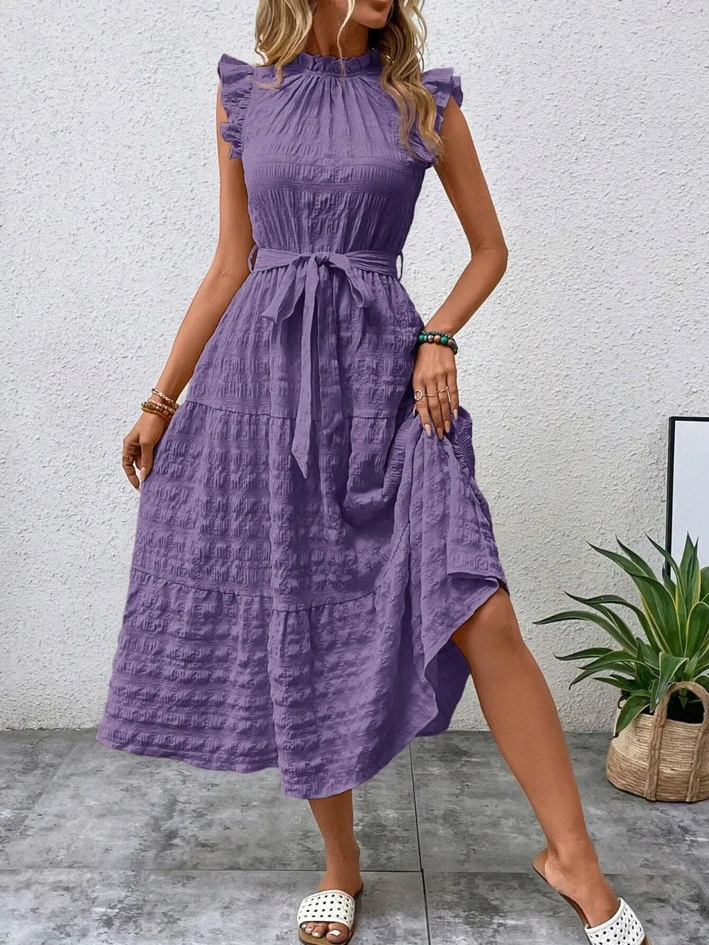 Tied Ruffled Cap Sleeve Midi Dress (24)
