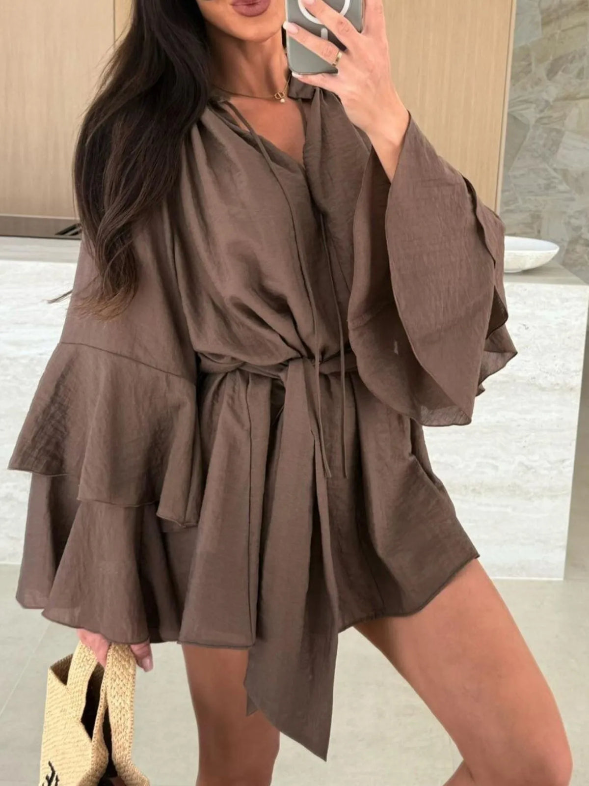Bell Sleeve Tie Waist Mini Shirt Dress (7)