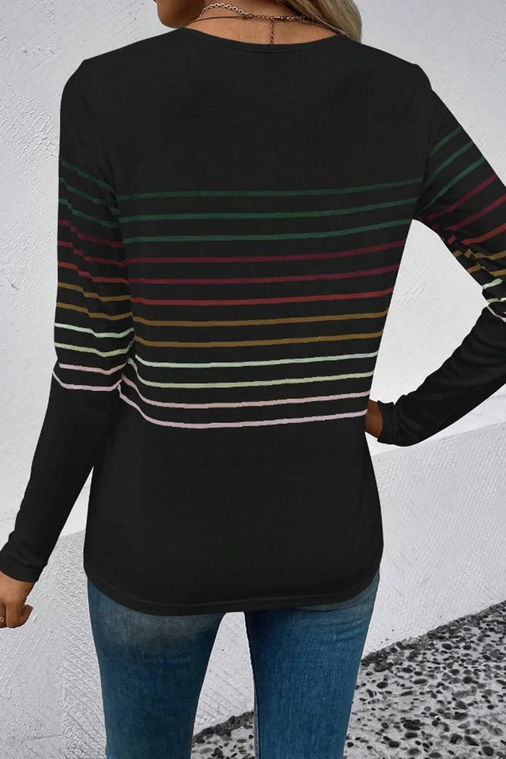 Striped Round Neck Long Sleeve T-shirt (5)