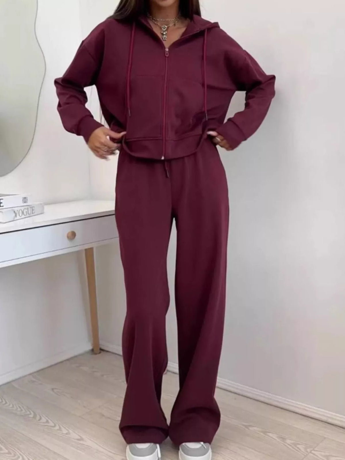 Zip-up Hoodie Wide-leg Pants Set (7)