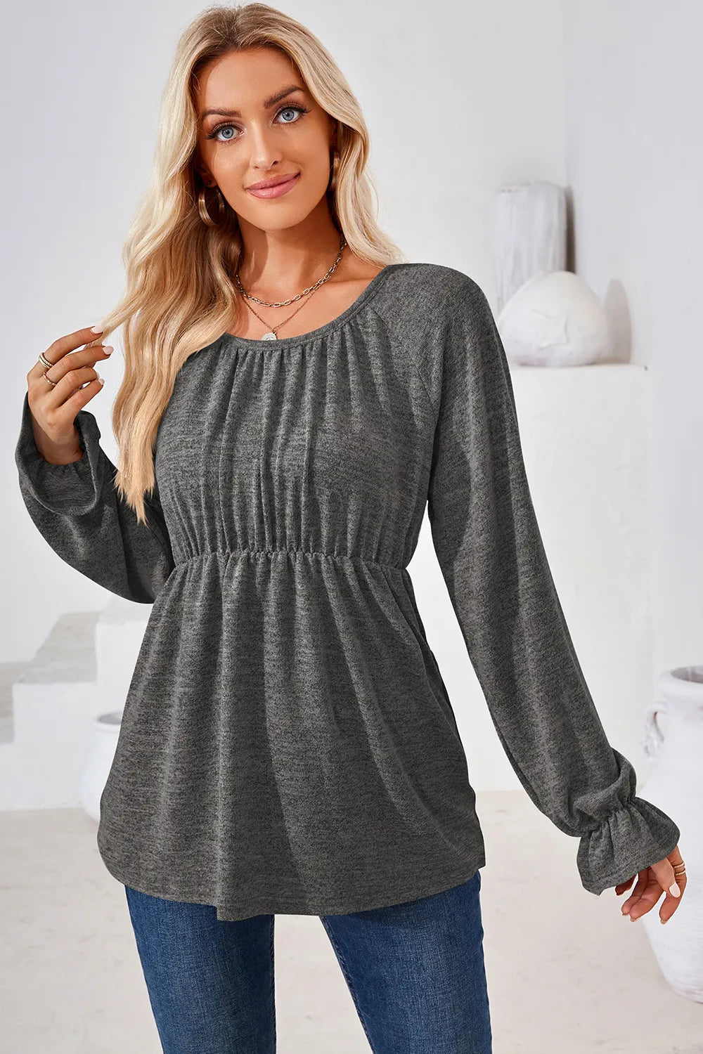 Ruched Round Neck Flounce Sleeve Blouse (23)