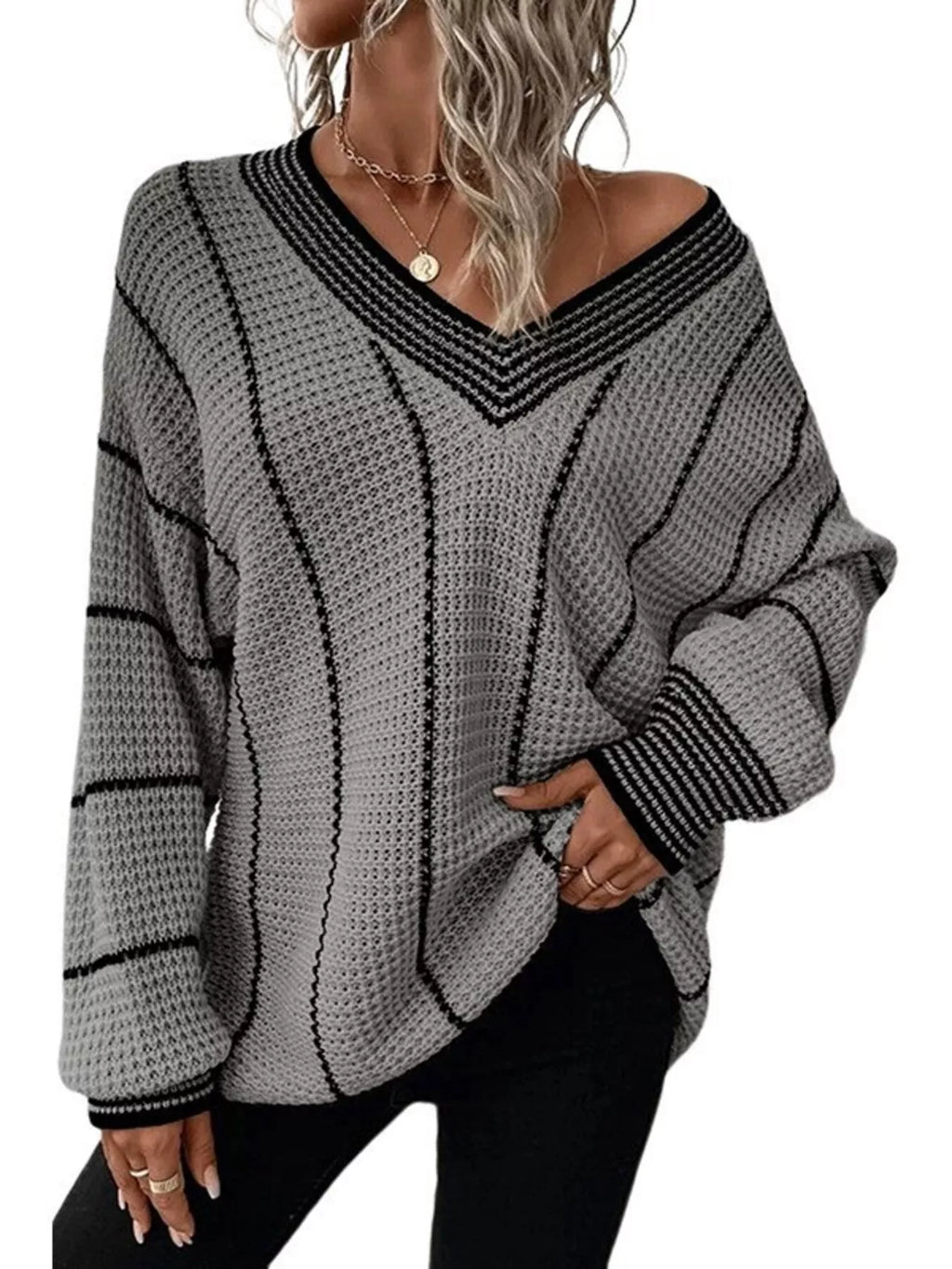 V-neck Textured Knit Sweater (17)