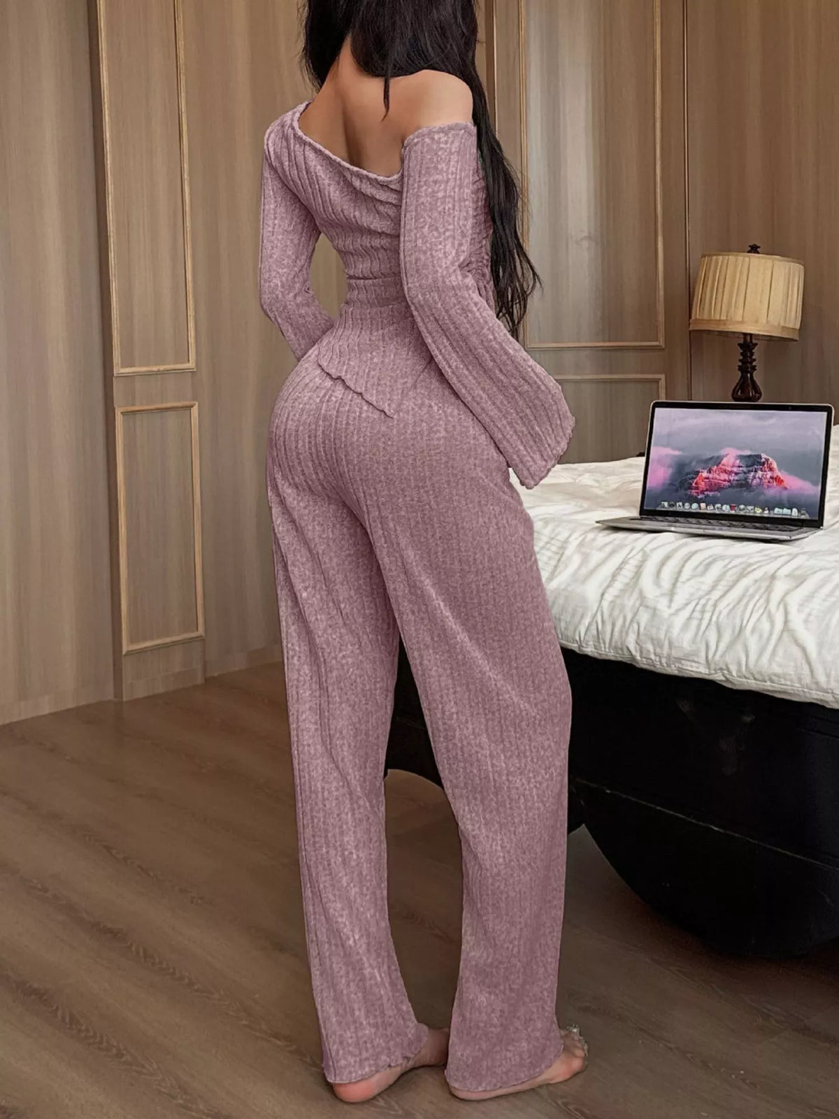 One-shoulder Ribbed Knit Top Pants Set (4)