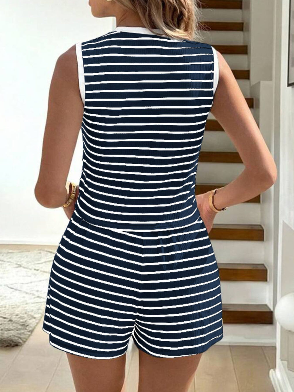 Striped Knit Tie-front Sleeveless Top Shorts Set (14)