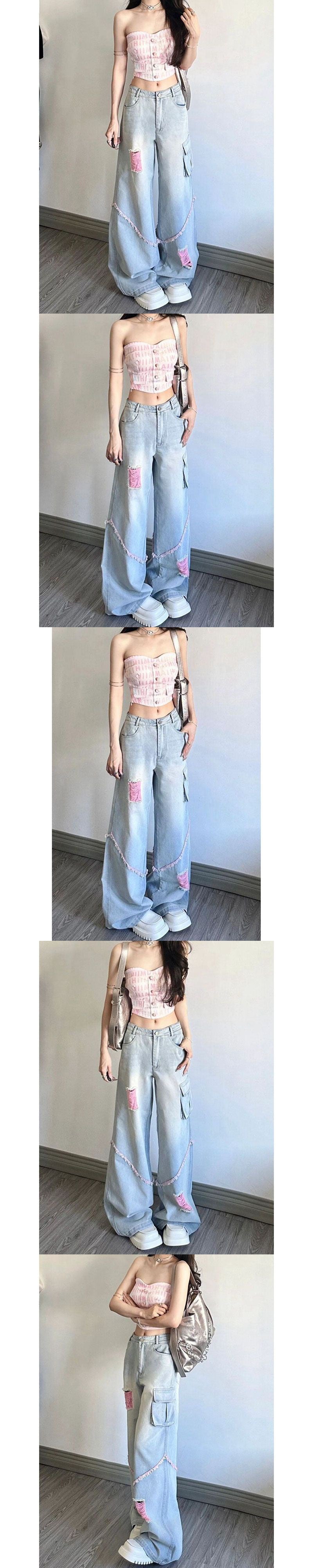 Ripped Cargo Jeans High Waist Baggy Straight Trousers photo 3