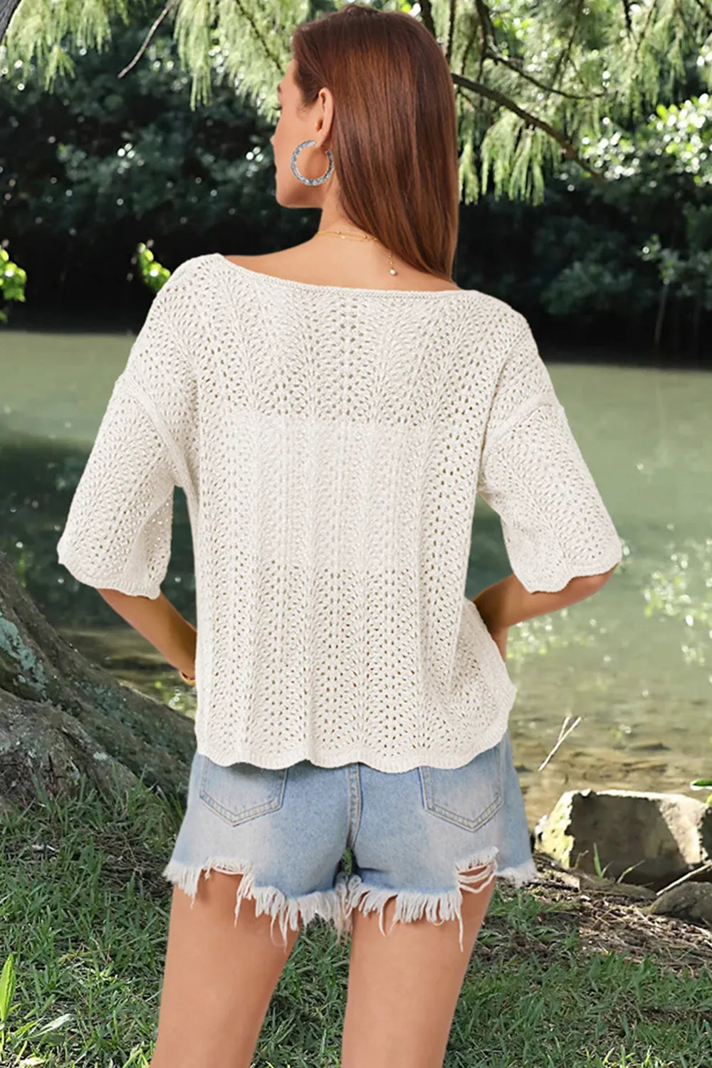 Openwork Round Neck Half Sleeve Knit Top (20)