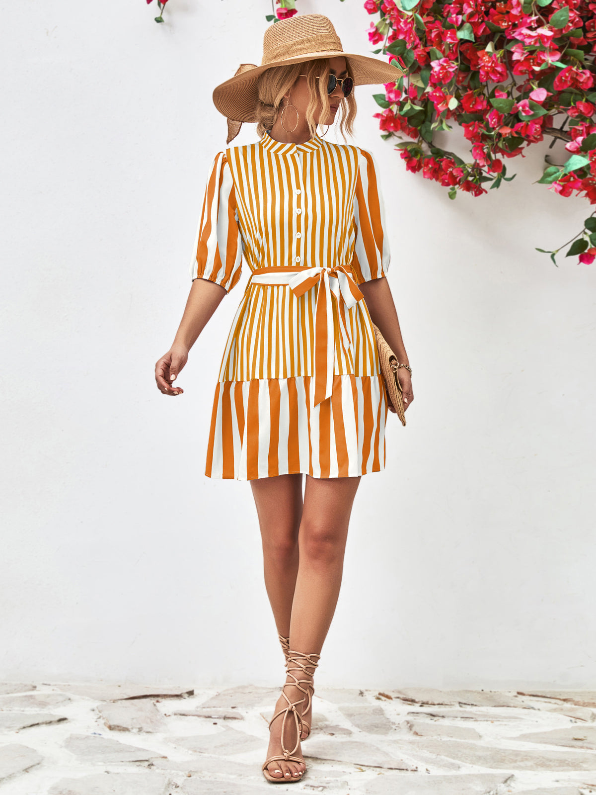 Striped Half Sleeve Tie Waist Mini Dress (10)