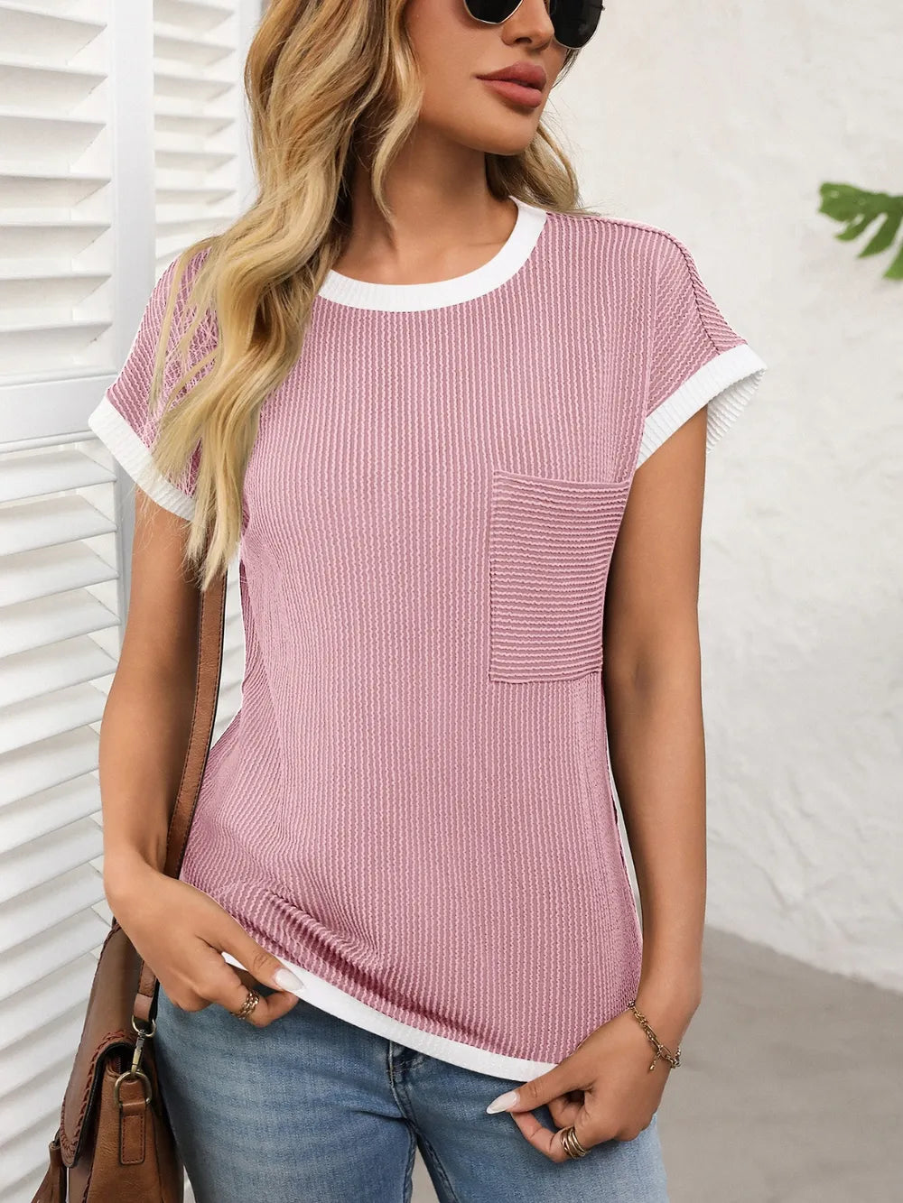 Contrast Trim Round Neck Short Sleeve T-shirt (12)