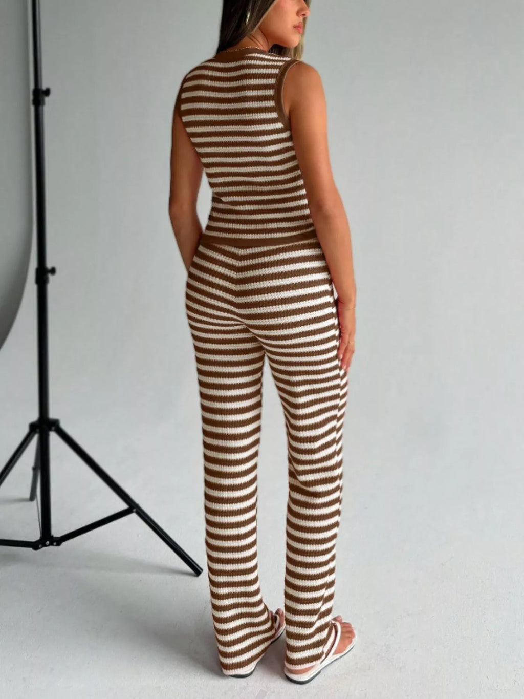 Striped Knit V-neck Button-up Sleeveless Top Flare Pants Set (11)
