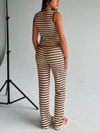 Striped Knit V-neck Button-up Sleeveless Top Flare Pants Set (11)