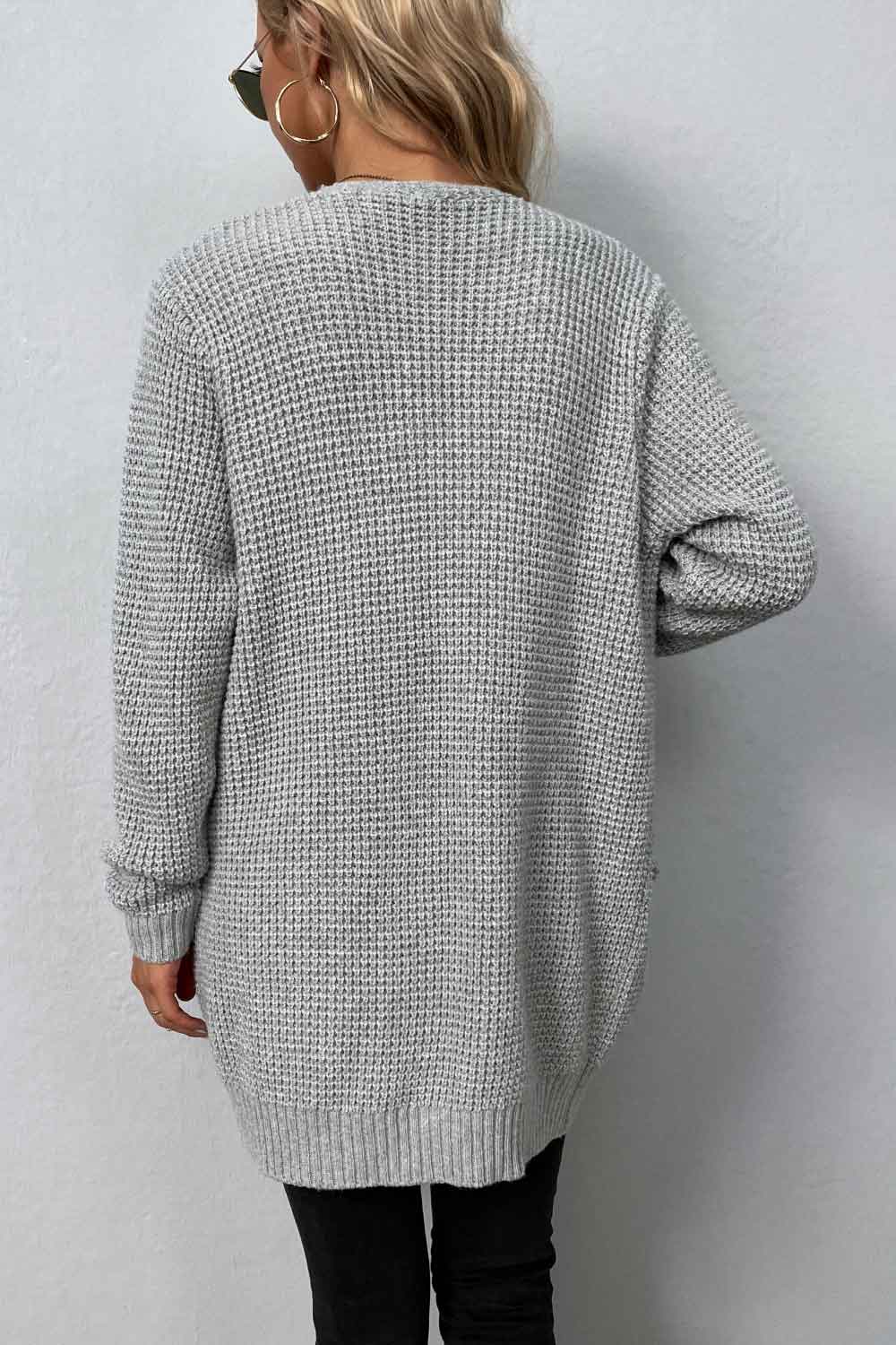 Rib-knit Open Front Pocketed Cardigan (2)