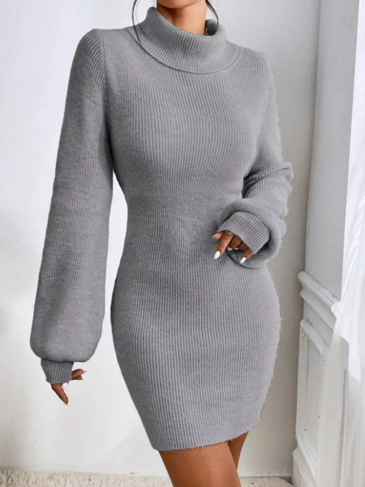 Turtleneck Ribbed Knit Sweater Dress (12)