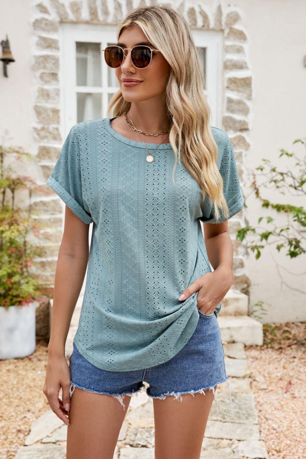 Full Size Round Neck Eyelet Short Sleeve Top (5)