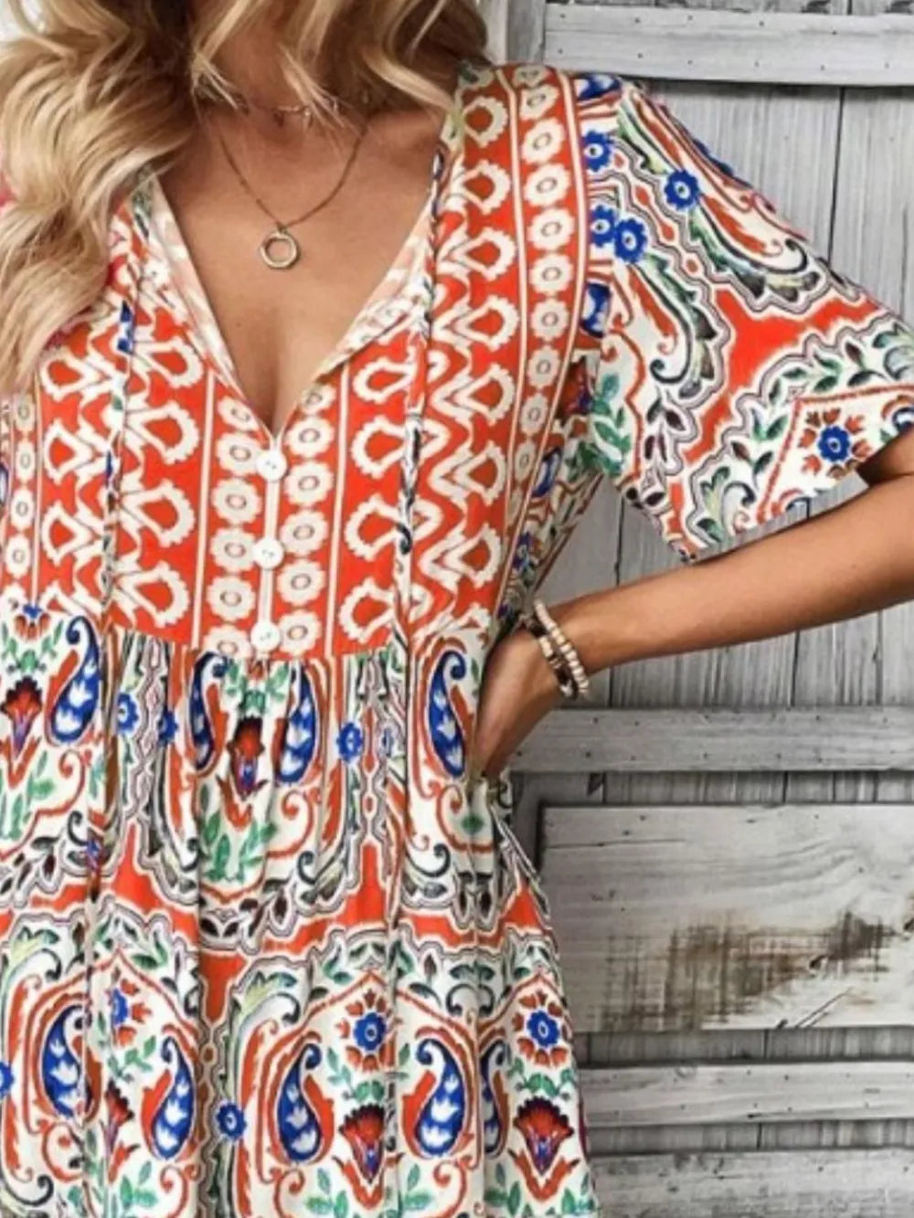 Printed Tie Neck Short Sleeve Dress (9)