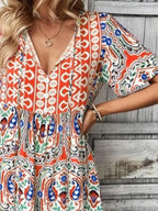 Printed Tie Neck Short Sleeve Dress (9)