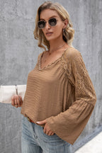 V-neck Spliced Lace Flare Sleeve Top (6)