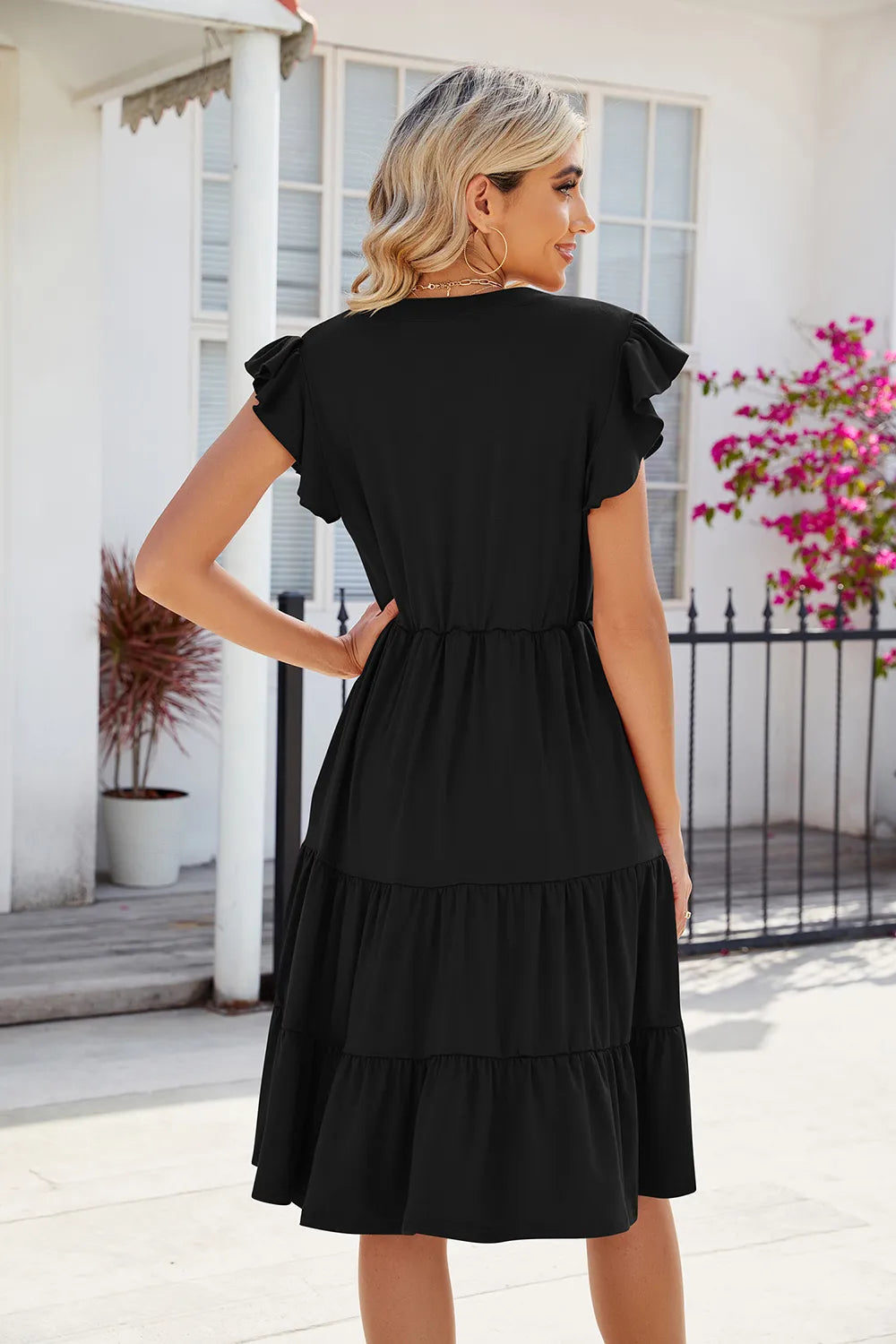 Ruched Notched Cap Sleeve Dress (12)