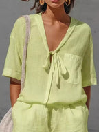 Tie-front Half Sleeve Shirt Shorts Set (6)