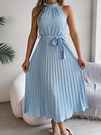 Grecian Neck Tie Waist Pleated Dress (4)