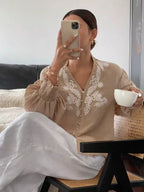 Embroidered Notched Long Sleeve Blouse (25)