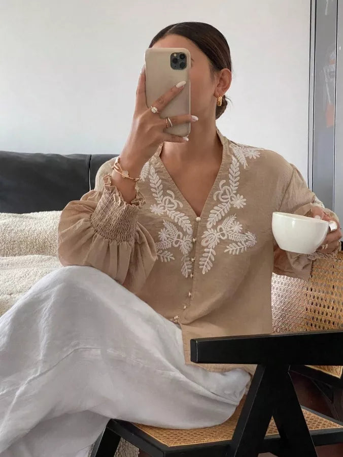 Embroidered Notched Long Sleeve Blouse (25)