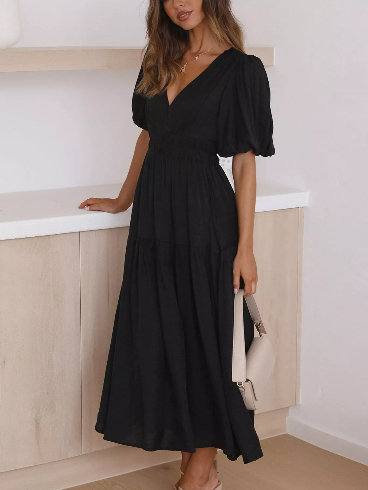 V-neck Puff Sleeve Midi Dress (13)
