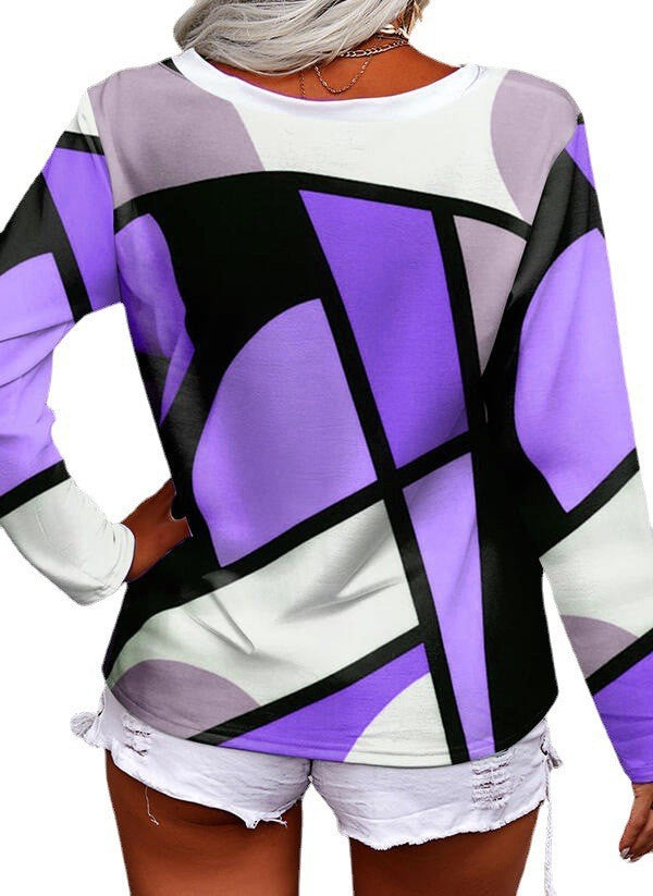 Long Sleeve Casual Loose V-neck Cross Geometric Print photo 1