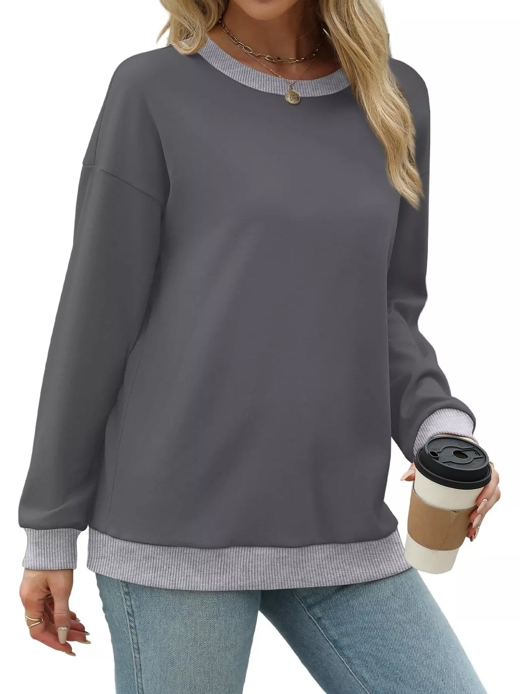 Contrast Trim Crew Neck Casual Sweatshirt (11)