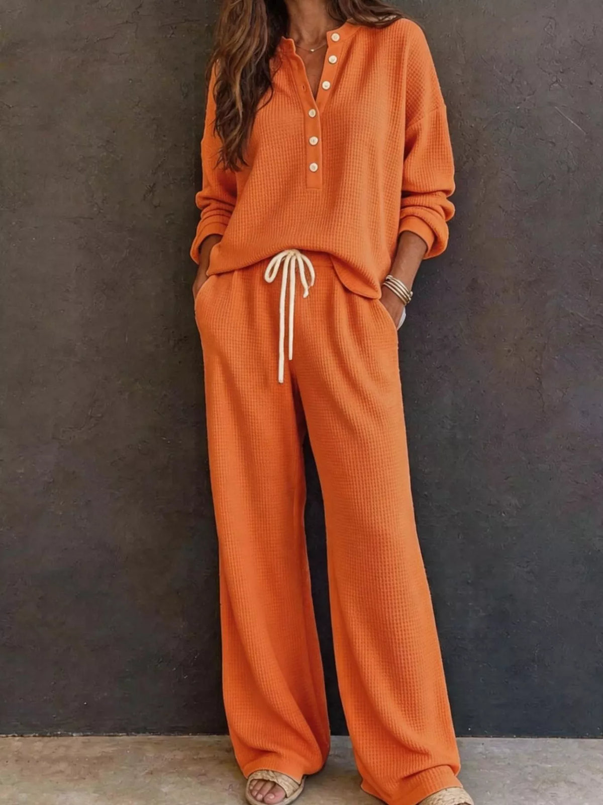 Waffle Knit Henley Top Wide Leg Pants Set (16)