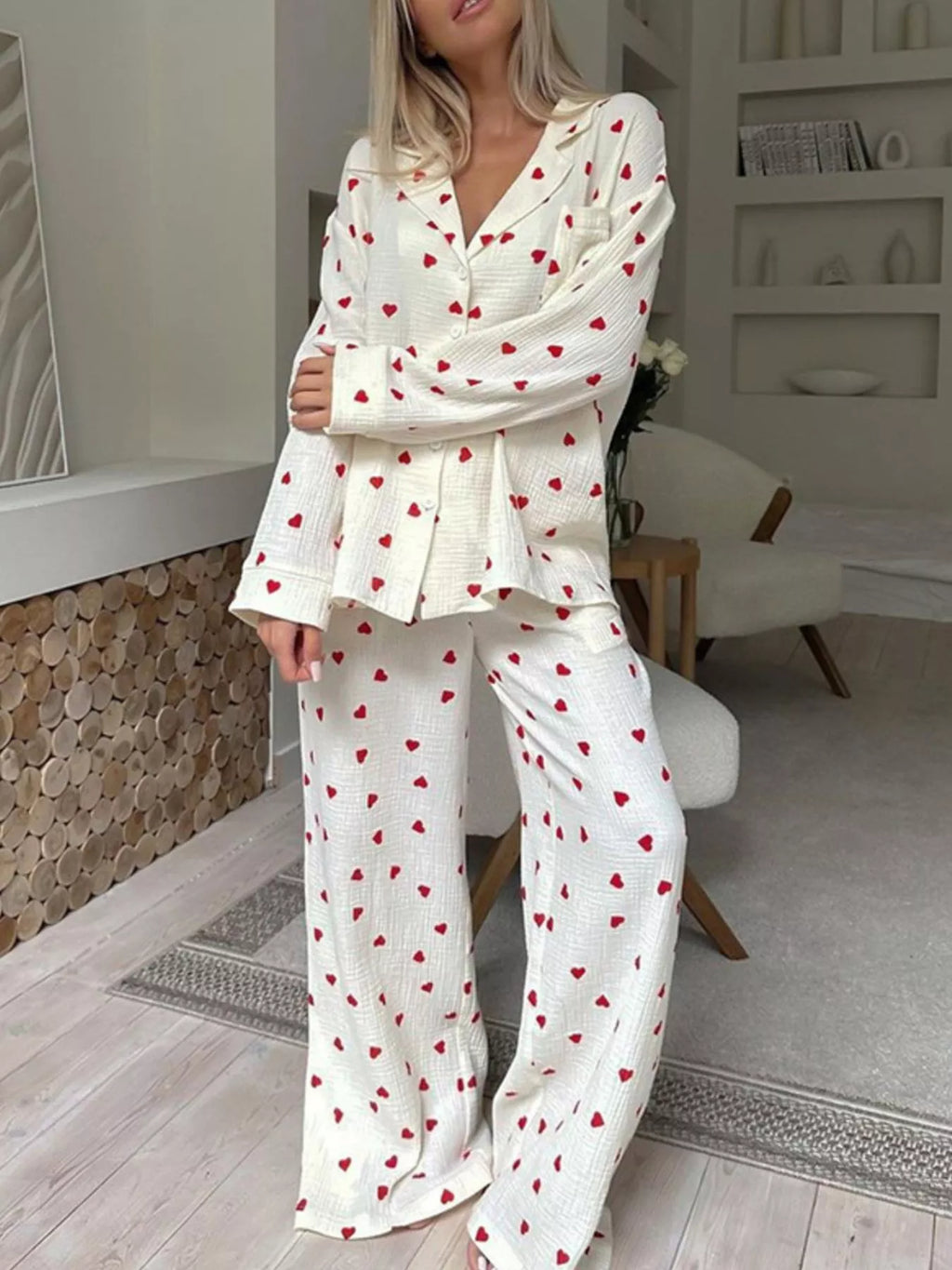 Heart Print Long Sleeve Top Pants Lounge Set