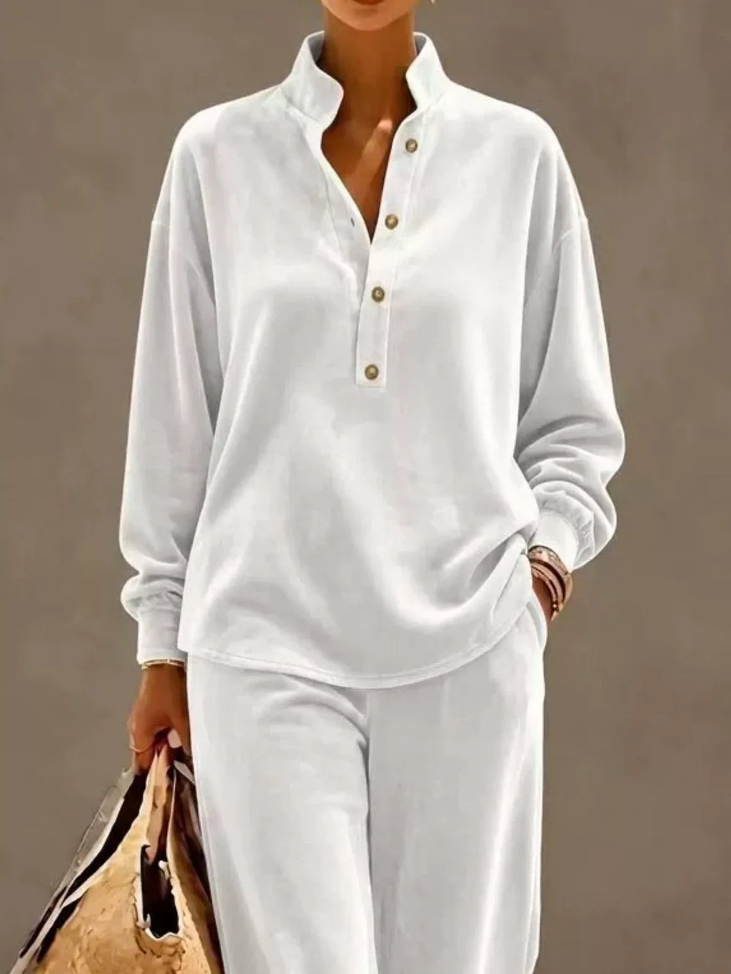 Full Size Half Button Top Wide Leg Pants Set Plus (16)
