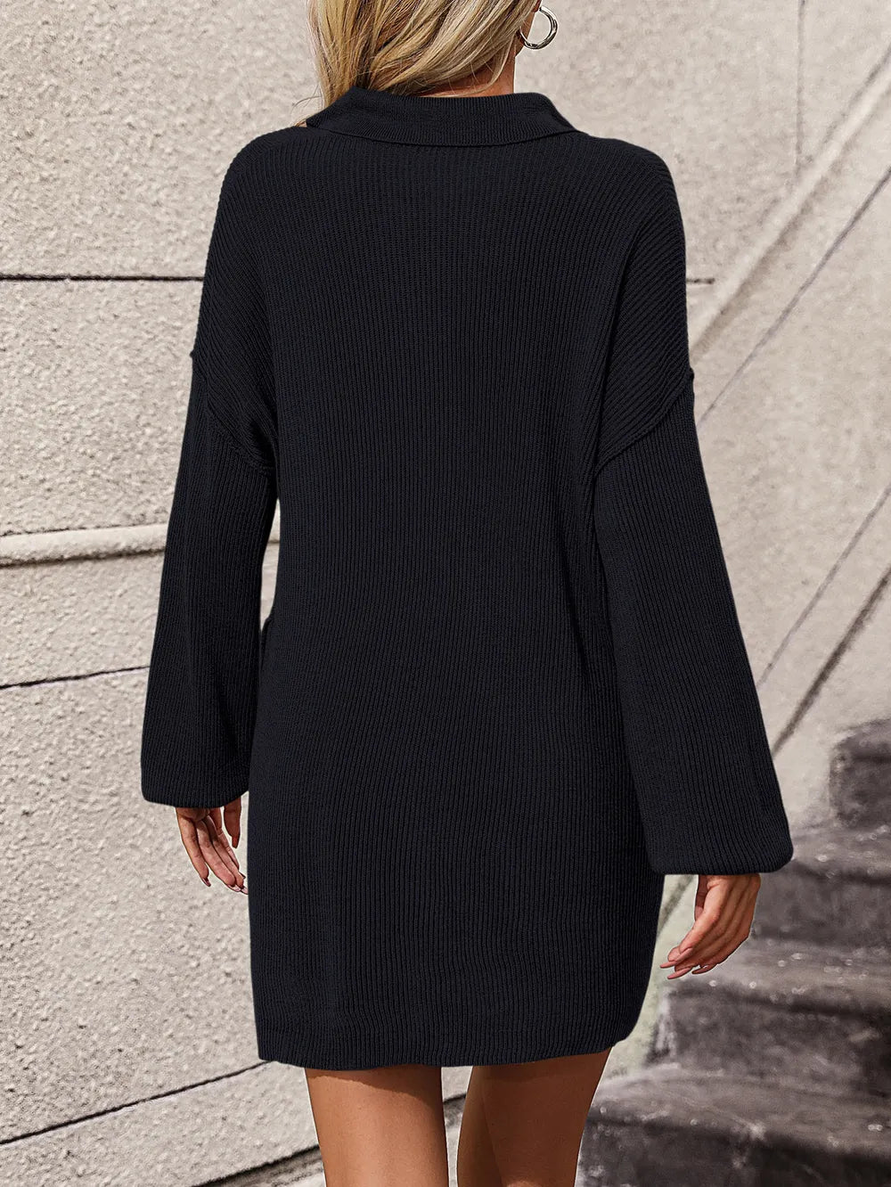 Collared Neck Long Sleeve Sweater Dress Pockets (13)