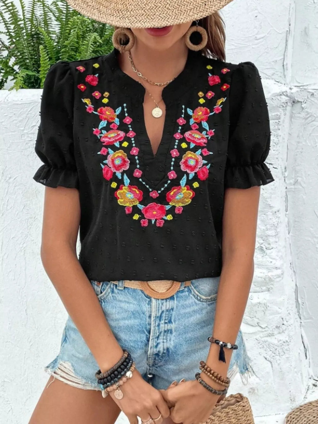 Floral Embroidered Puff Sleeve Blouse (11)