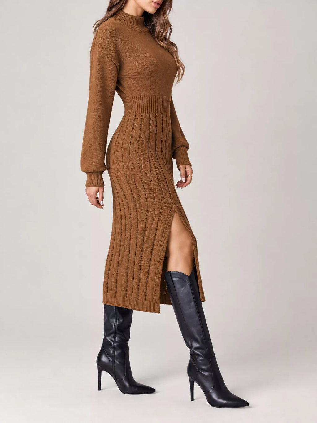 Full Size Mock Neck Cable Knit Sweater Dress Front Slit Plus (5)
