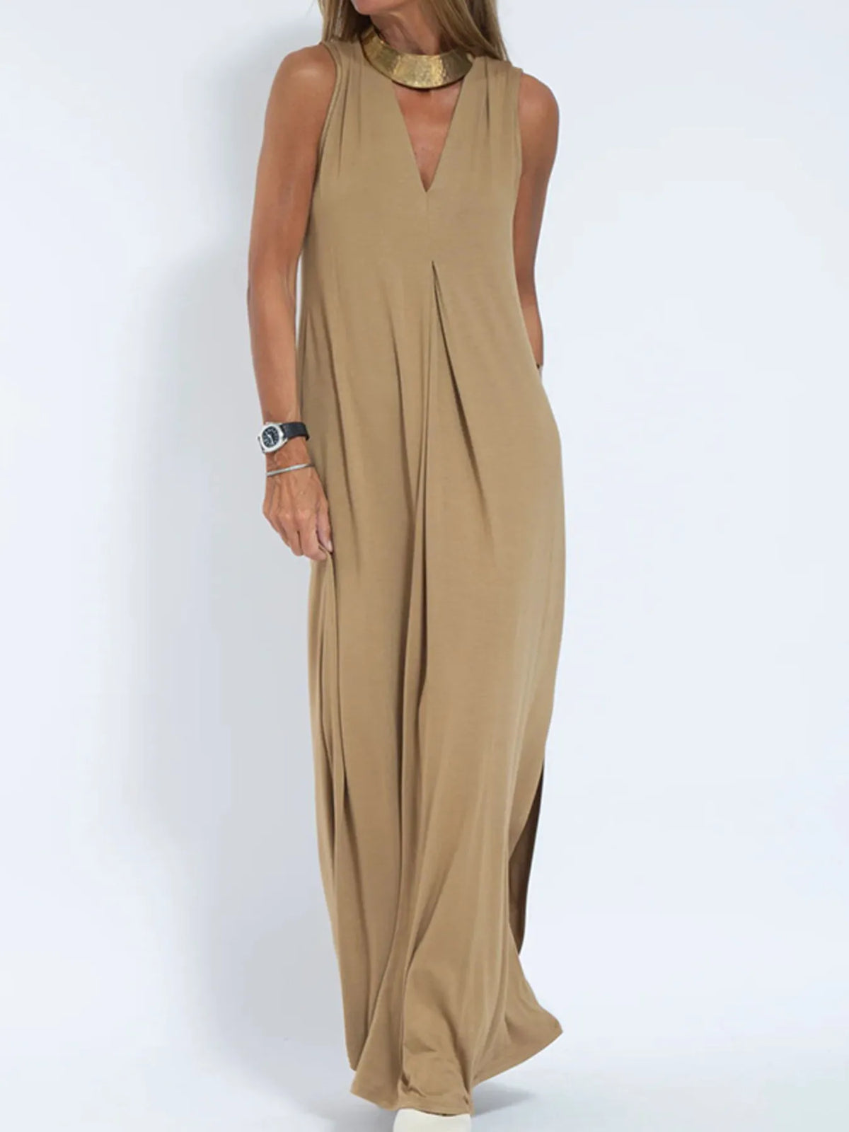 Full Size V-neck Sleeveless Maxi Dress Slit Plus (7)