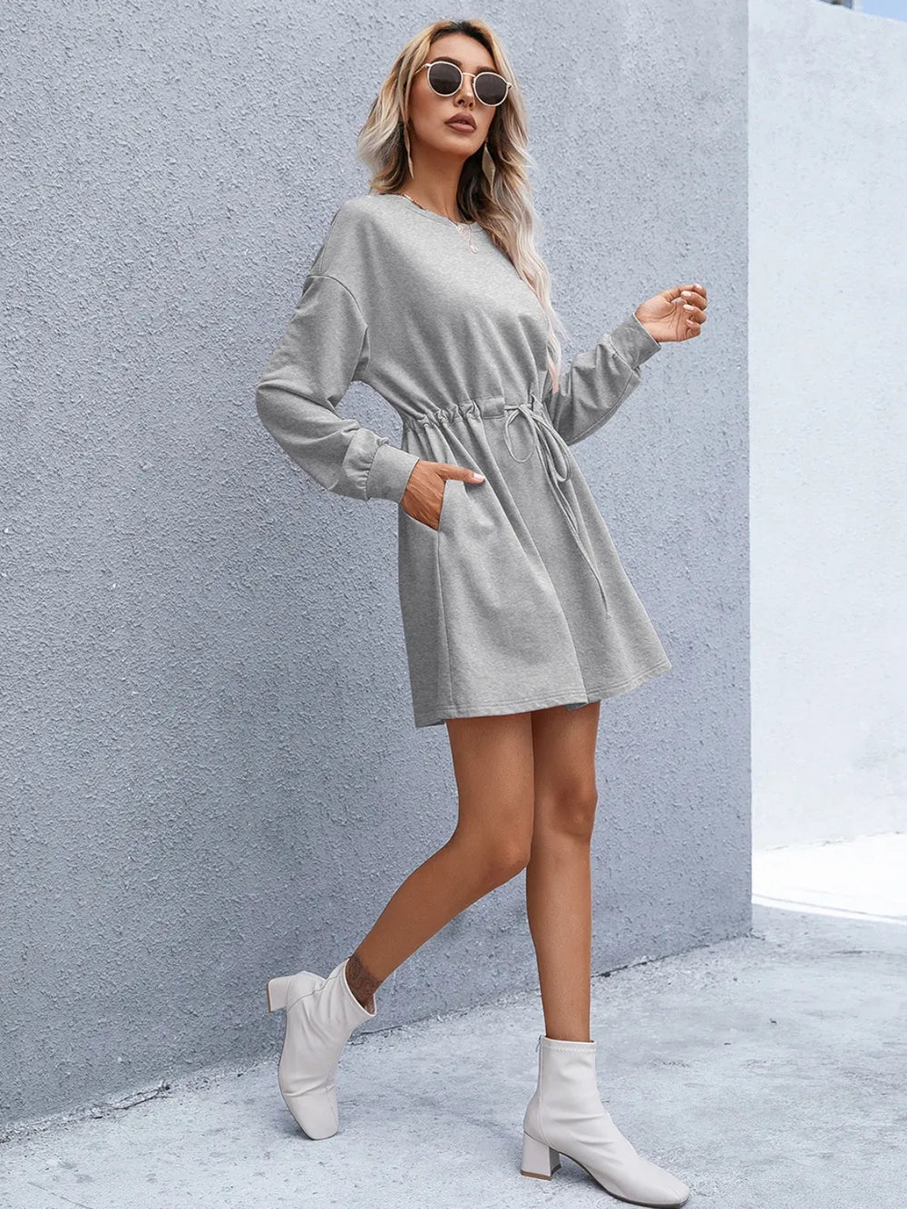 Drawstring Round Neck Dropped Shoulder Mini Dress (10)