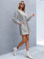 Drawstring Round Neck Dropped Shoulder Mini Dress (10)
