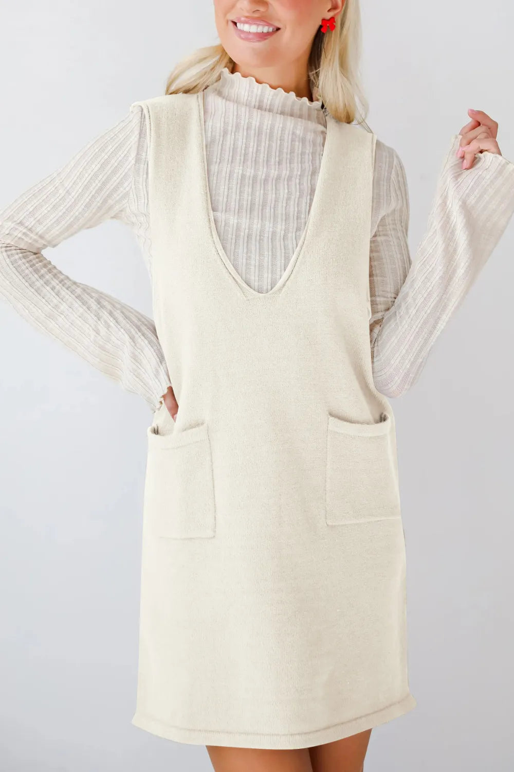 Pocketed V-neck Mini Sweater Overall Dress (14)