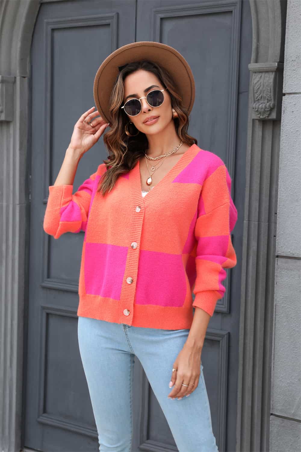Plaid V-neck Dropped Shoulder Cardigan