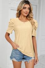 Eyelet Round Neck Puff Sleeve T-shirt (11)