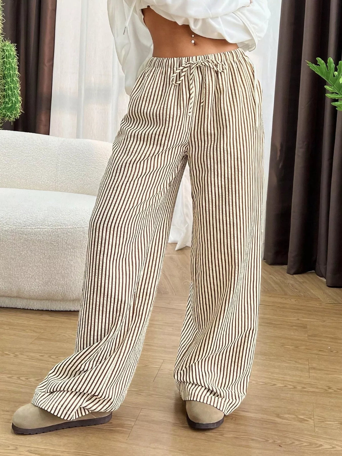 Full Size Striped Drawstring Waist Wide Leg Pants Plus (16)