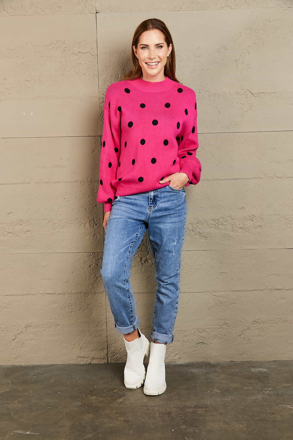 Woven Right Polka Dot Round Neck Dropped Shoulder Sweater (3)