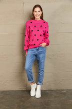Woven Right Polka Dot Round Neck Dropped Shoulder Sweater (3)